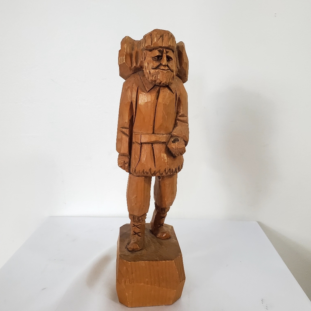 Vintage 1970s Quebec Folk Art Wooden Sculpture Signed Old Man with backpack